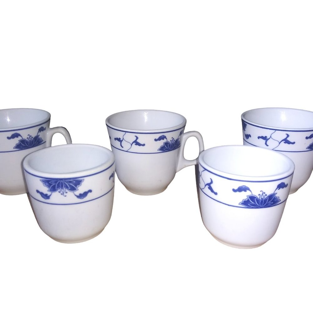 Vtg Tatung China Blue Water Lily Tea and Saki Dip Cup 5 Piece Set Discontinued